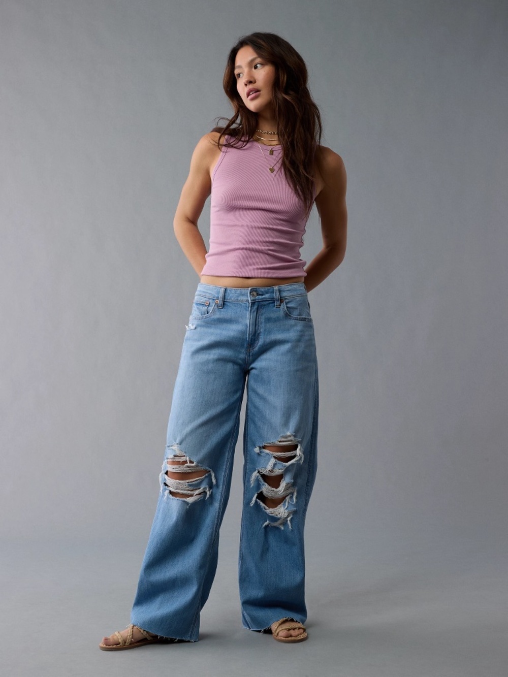 AE American Eagle Dreamy Drape Stretch Ripped Low-Rise Baggy Wide-Leg Jean